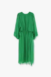 Alberta Ferretti women’s silk long dress in emerald green with sheer voluminous sleeves and a gathered waistline