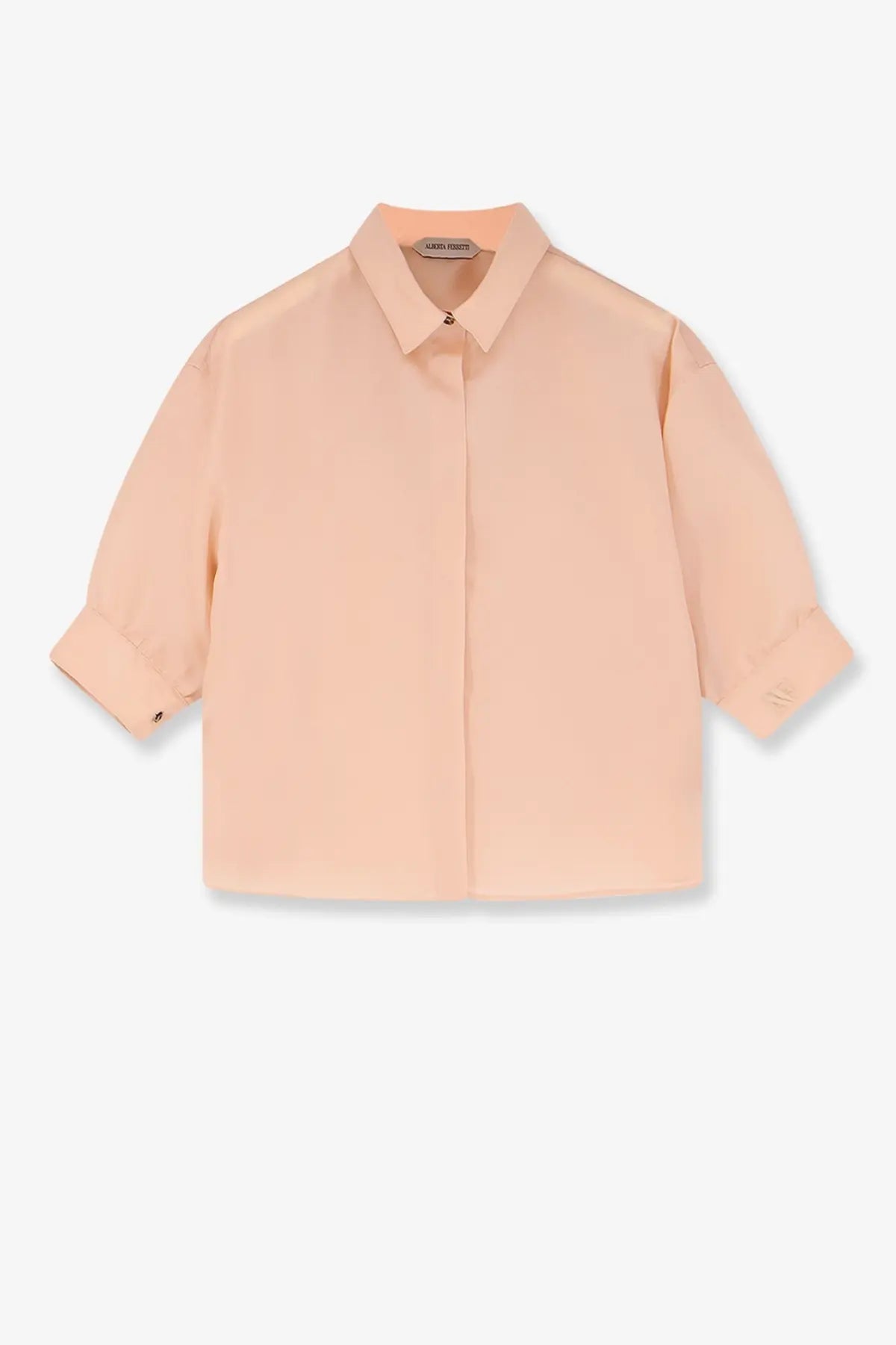 Alberta Ferretti women’s soft peach silk shirt with a minimalist design, clean collar, and three-quarter sleeves