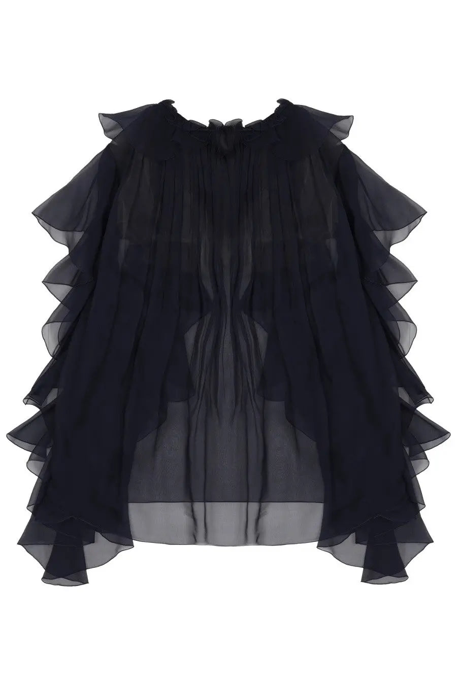Alberta ferretti women’s blue silk shirt with sheer ruffled blouse and gathered neckline layered fabric