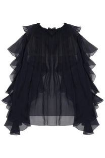 Alberta ferretti women’s blue silk shirt with sheer ruffled blouse and gathered neckline layered fabric