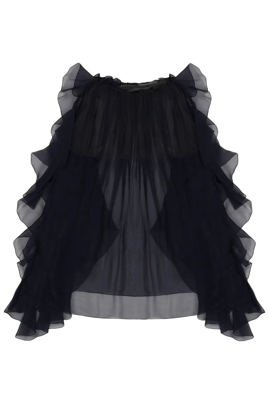Black sheer ruffled top with layered chiffon fabric and gathered waistband from Alberta Ferretti women’s silk shirt blue collection