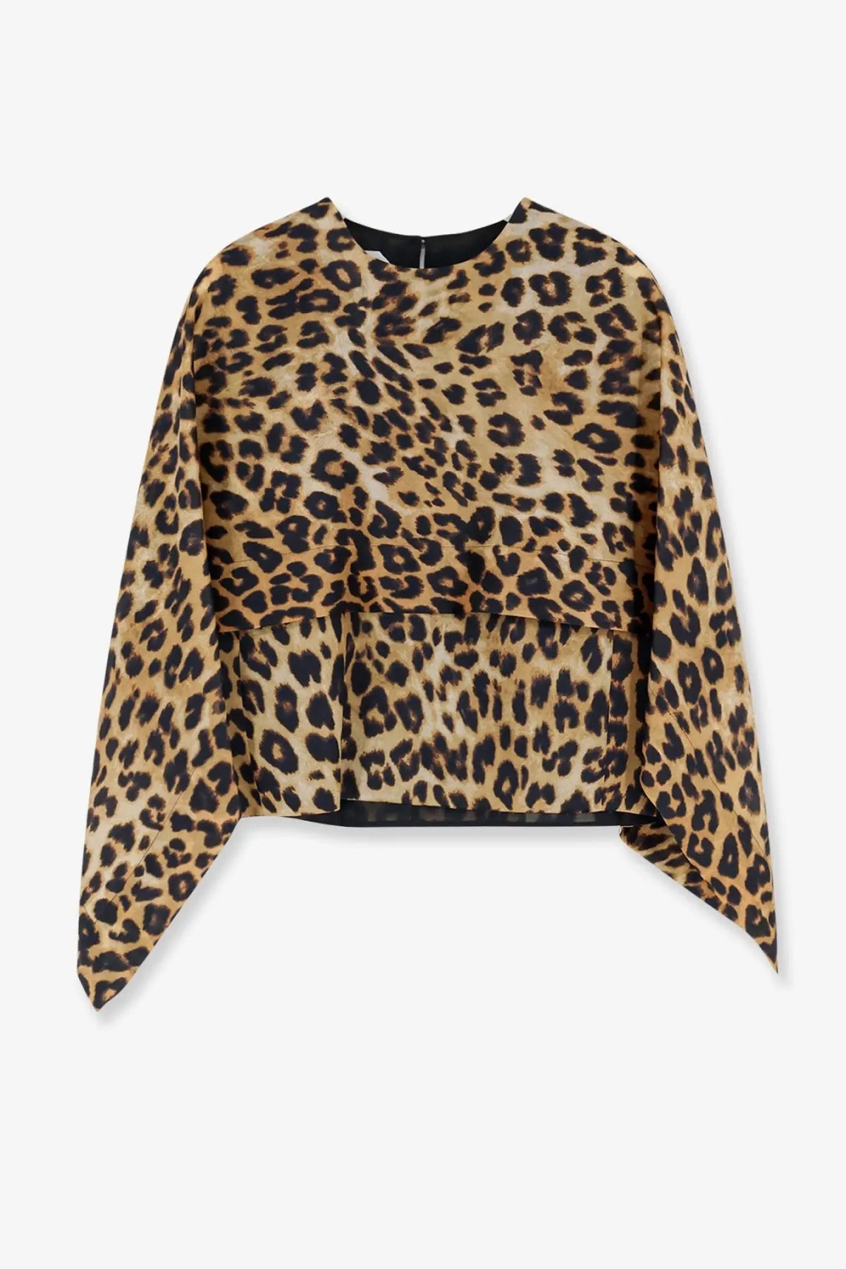 Alberta Ferretti women’s silk leopard print peplum top with black lining and asymmetrical hem