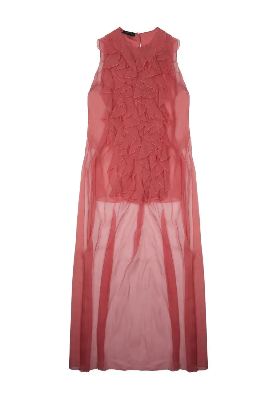A sleeveless sheer pink dress with a ruffled bodice and flowing skirt from alberta ferretti womens silk sleeveless shirt blue