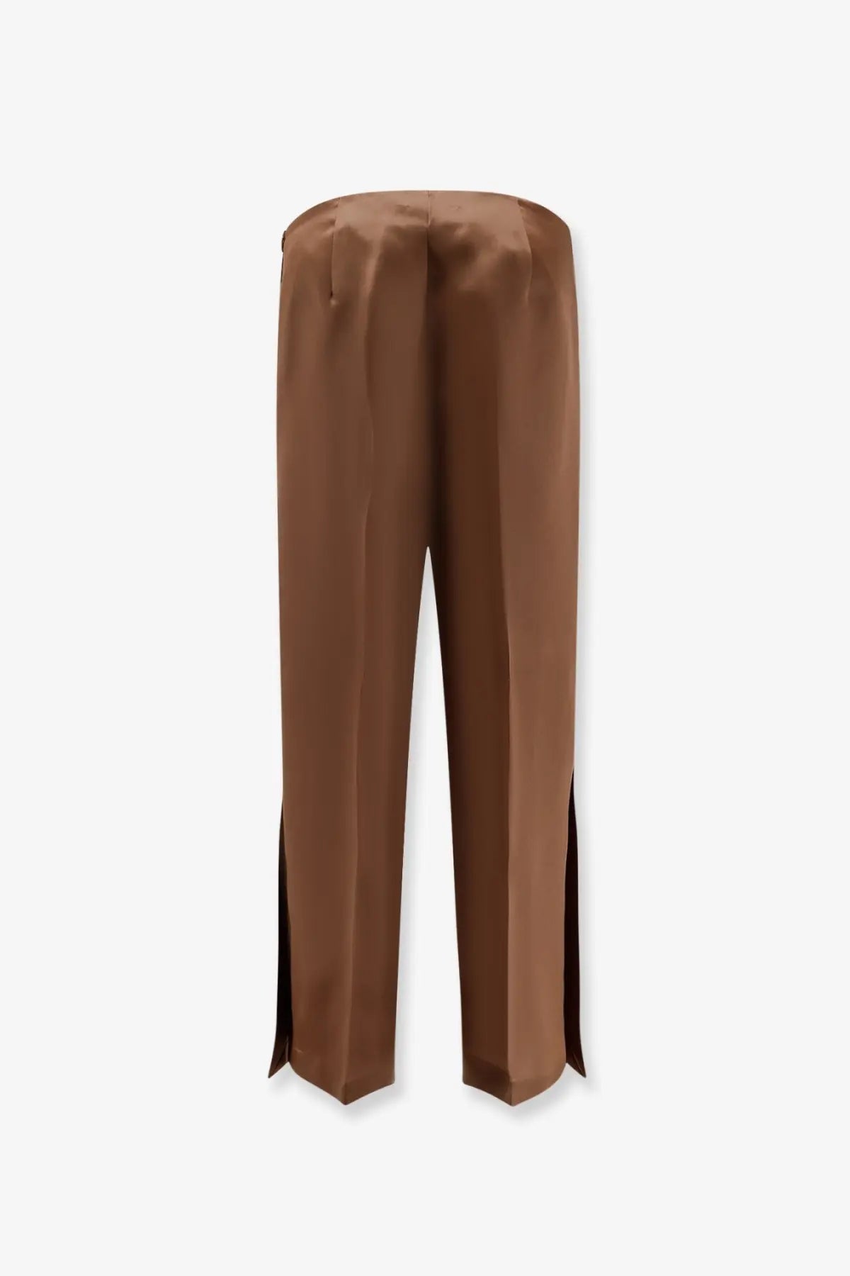 Alberta ferretti women’s brown silk satin trousers with straight-leg cut and side slits