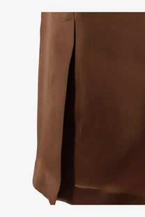 Alberta Ferretti women’s brown silk trousers with a sleek chocolate-brown trench coat and subtle seam detail