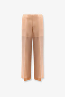 Alberta Ferretti women’s pink silk trousers beige high-waisted wide-leg with sheer minimalist design