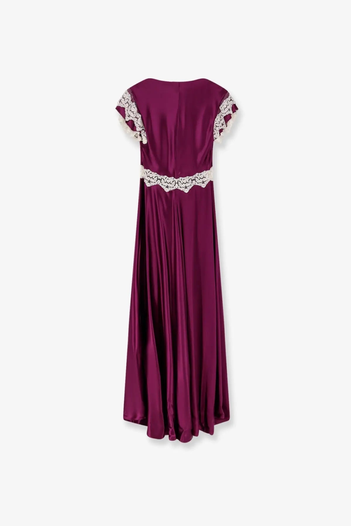 Alberta Ferretti women’s viscose long dress in flowing burgundy satin with white lace trim on shoulders and waistband