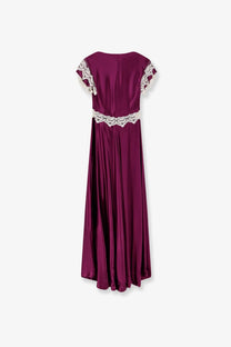 Alberta Ferretti women’s viscose long dress in flowing burgundy satin with white lace trim on shoulders and waistband
