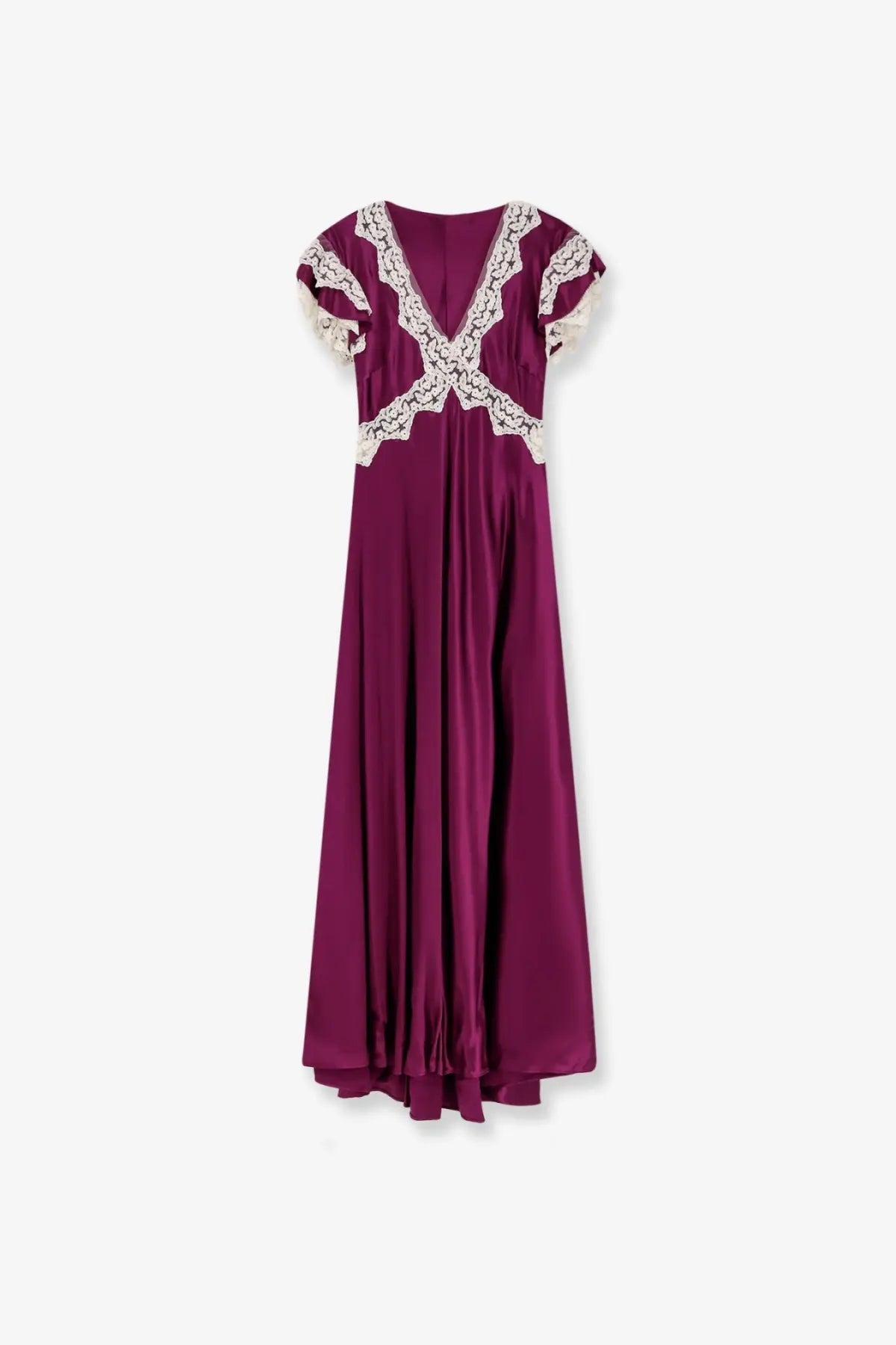 Alberta Ferretti women’s viscose long dress in flowing burgundy satin with white lace trim on bodice and sleeves