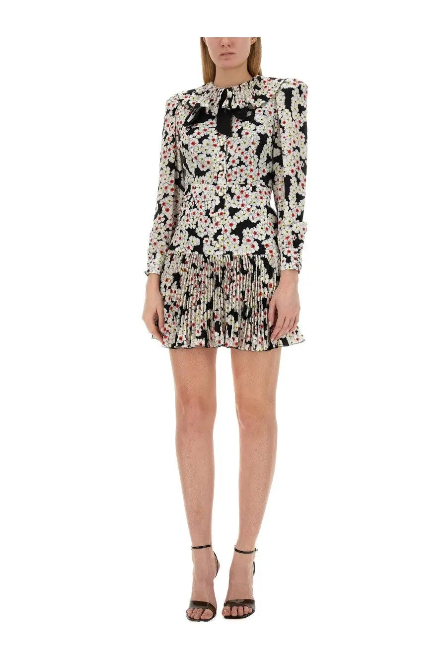 Alessandra Rich women’s mini dress in black and white floral print with long sleeves ruffled hem and bow neckline