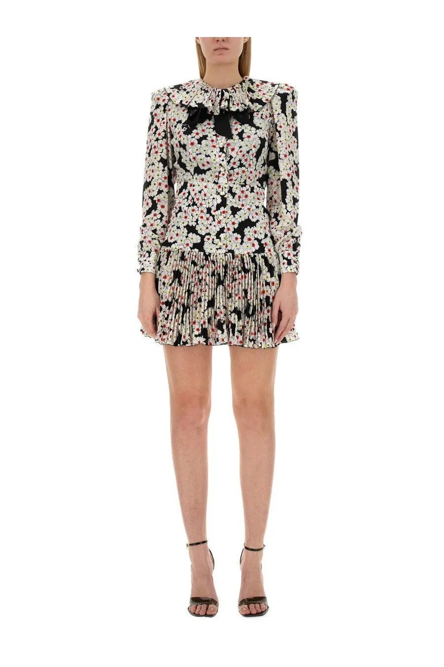 Alessandra Rich women’s multicolor mini dress with black white and pink floral print long sleeves and ruffled neckline
