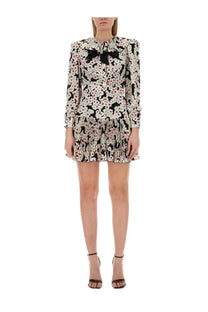 Alessandra Rich women’s multicolor mini dress with black white and pink floral print long sleeves and ruffled neckline