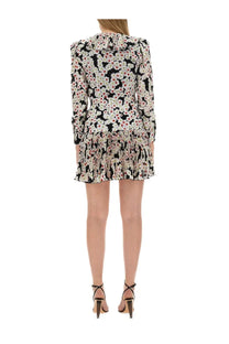 Alessandra rich women’s multicolor mini dress with black white pink floral print, long sleeves, ruffled collar, pleated skirt