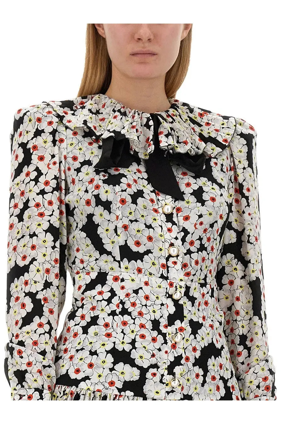 Alessandra Rich women’s multicolor mini dress with black white and red floral print blouse featuring ruffled collar and bow
