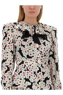 Alessandra Rich women’s multicolor mini dress with black white and red floral print blouse featuring ruffled collar and bow