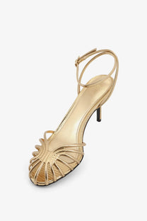 Gold metallic strappy high heel sandal with ankle strap in laminated leather from Alevi Women Blake collection