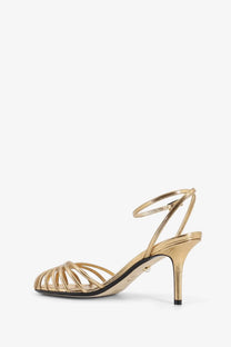 Alevi women’s Blake laminated leather gold metallic strappy sandal with slender heel and ankle strap