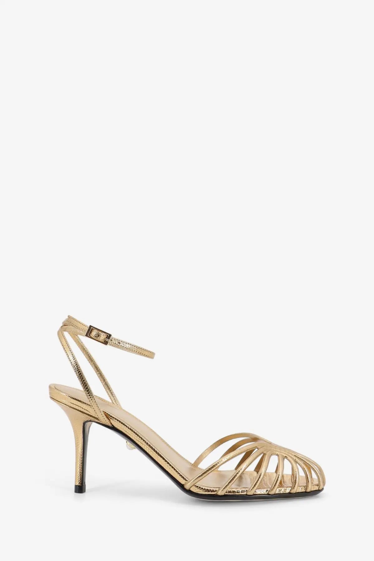 Alevi women’s blake laminated leather gold metallic strappy sandal with slender heel and ankle strap