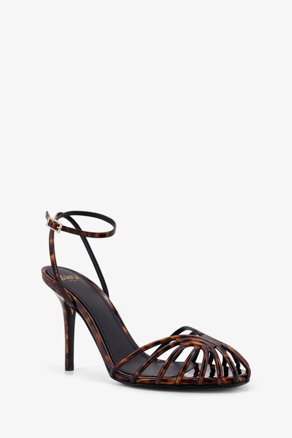 Alevi women’s Blake tortoiseshell leather high-heeled sandal with slender heel and ankle strap in brown