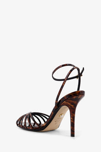 Alevi women blake leather sandals brown tortoiseshell strappy high heel with black ankle strap and thin heel