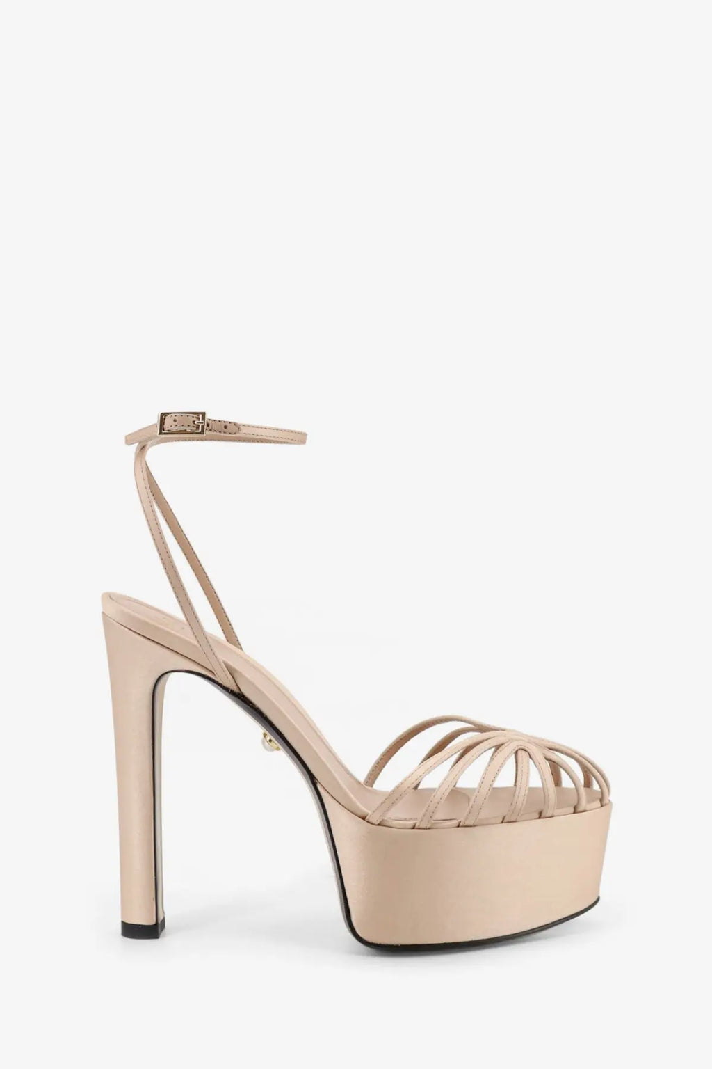 Beige platform sandal with high stiletto heel thin ankle strap and crisscrossed toe straps from Alevi Eva satin collection