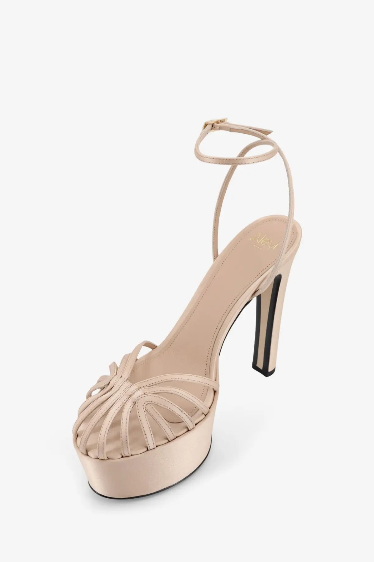 Beige alevi women’s eva satin sandals with high heel and thin satin straps forming an intricate pattern across foot