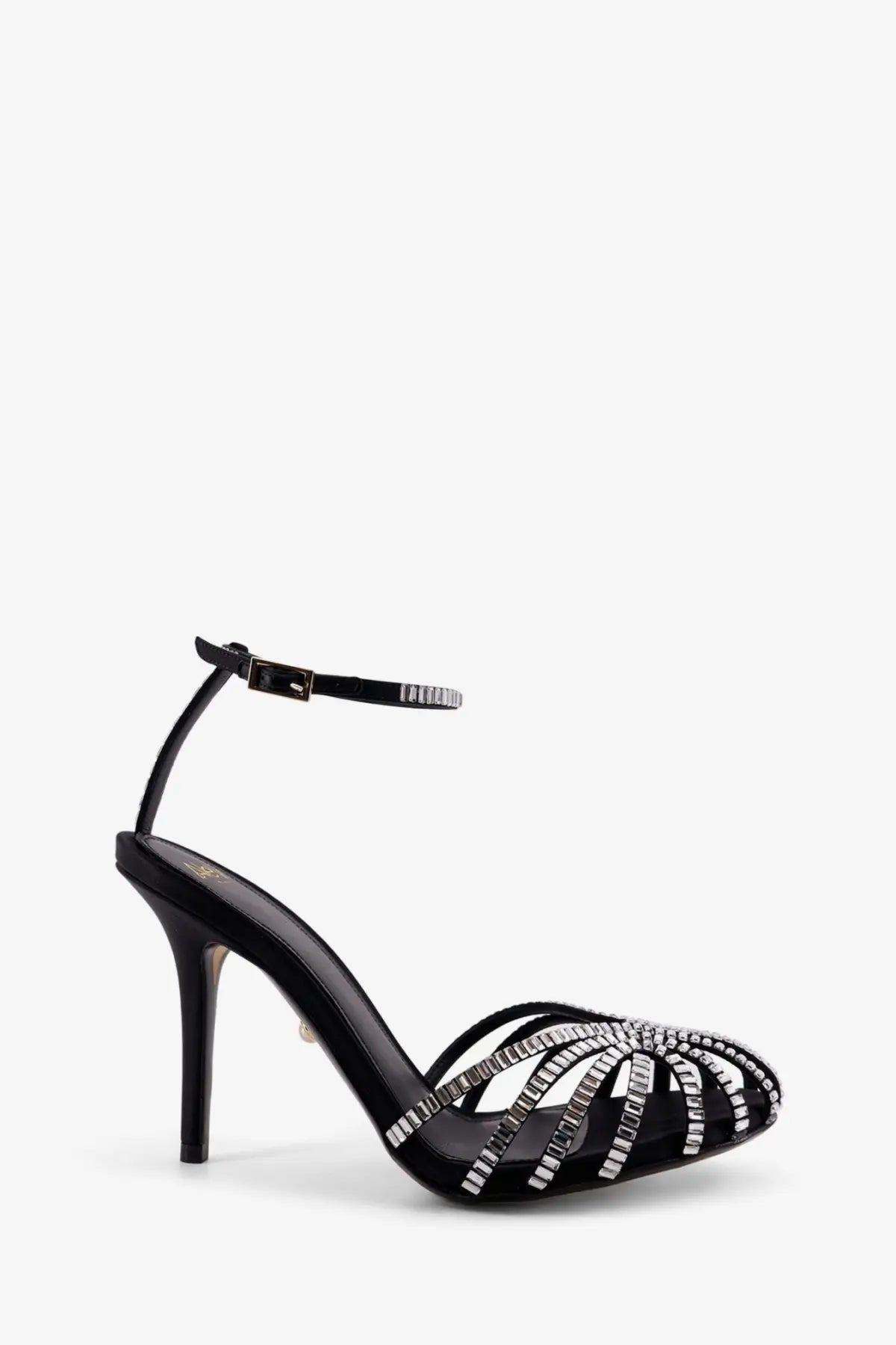 Alevi women’s Penelope black strappy high-heeled sandal with sparkling rectangular crystals on toe and ankle strap