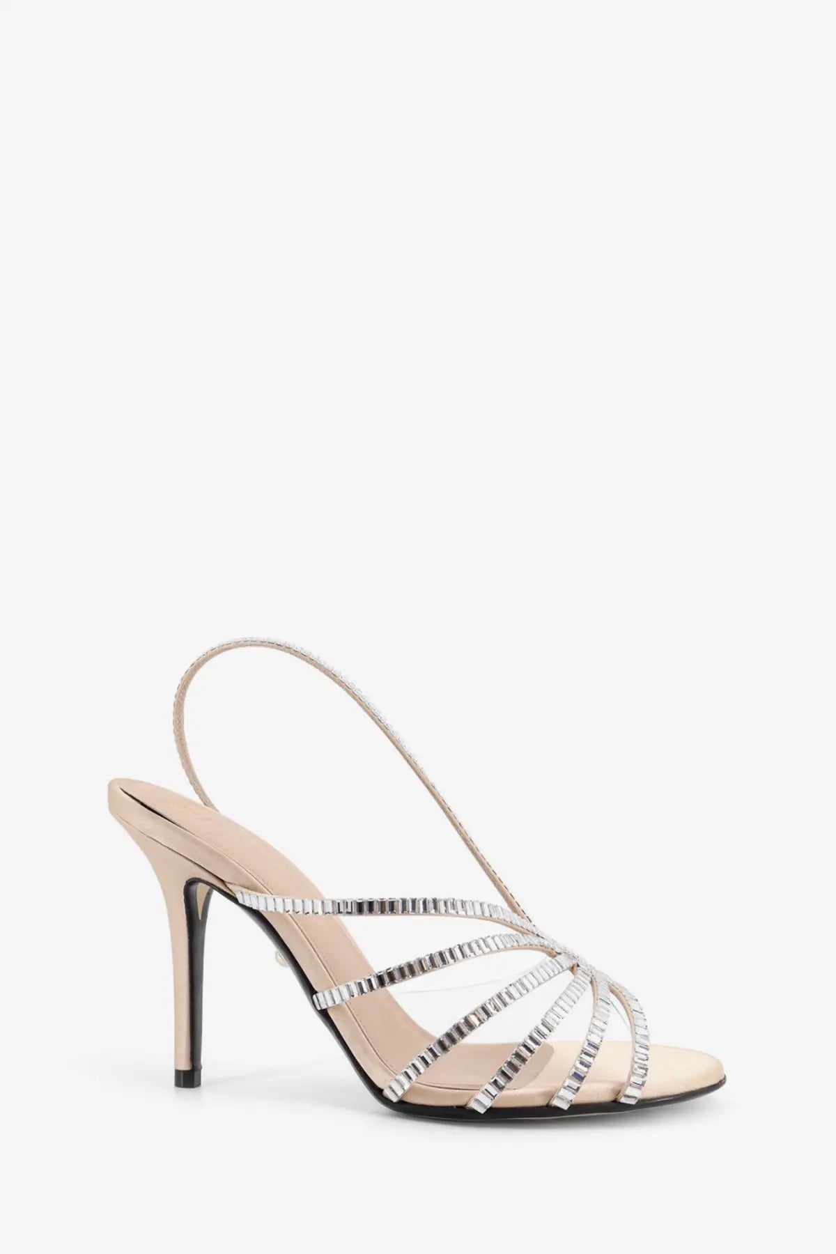 Beige satin alevi women star xtal sandal with silver rhinestone detailing and thin ankle strap
