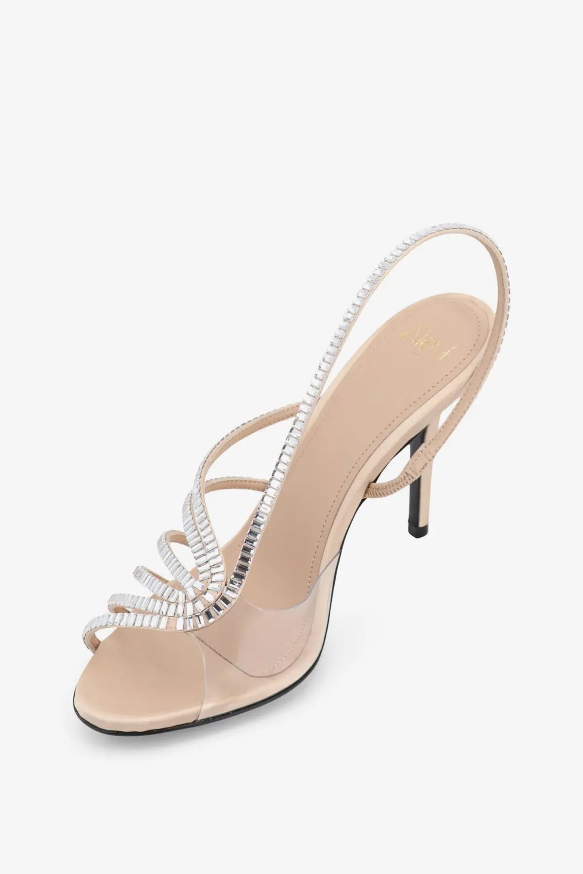 Beige strappy high-heeled satin sandal with silver rhinestone detailing and a thin heel from Alevi women’s Star Xtal collection