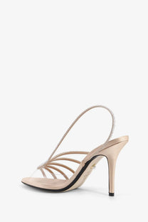 Alevi women star xtal beige satin strappy sandal with clear plastic toe straps and beaded ankle strap