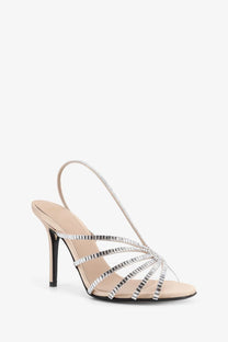 Alevi women’s star xtal satin sandals featuring silver strappy high heels with rhinestone detailing and minimalist design