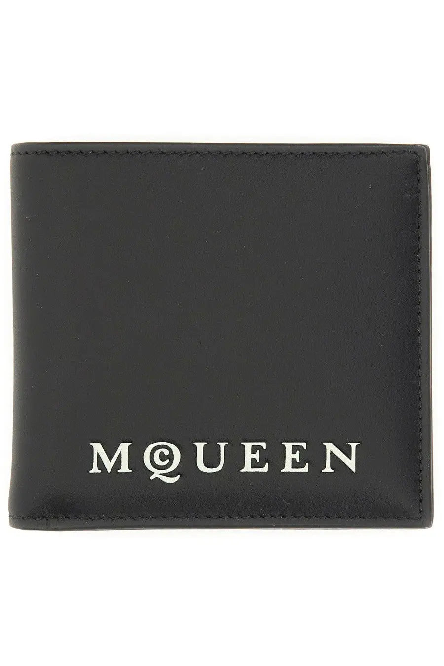 Alexander McQueen men’s bifold black leather wallet with white mcqueen logo embossed on the front