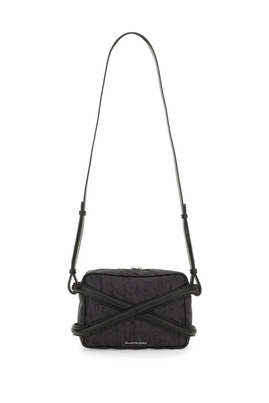 Alexander McQueen men’s camera bag harness black quilted leather crossbody bag with embossed logo and leather straps
