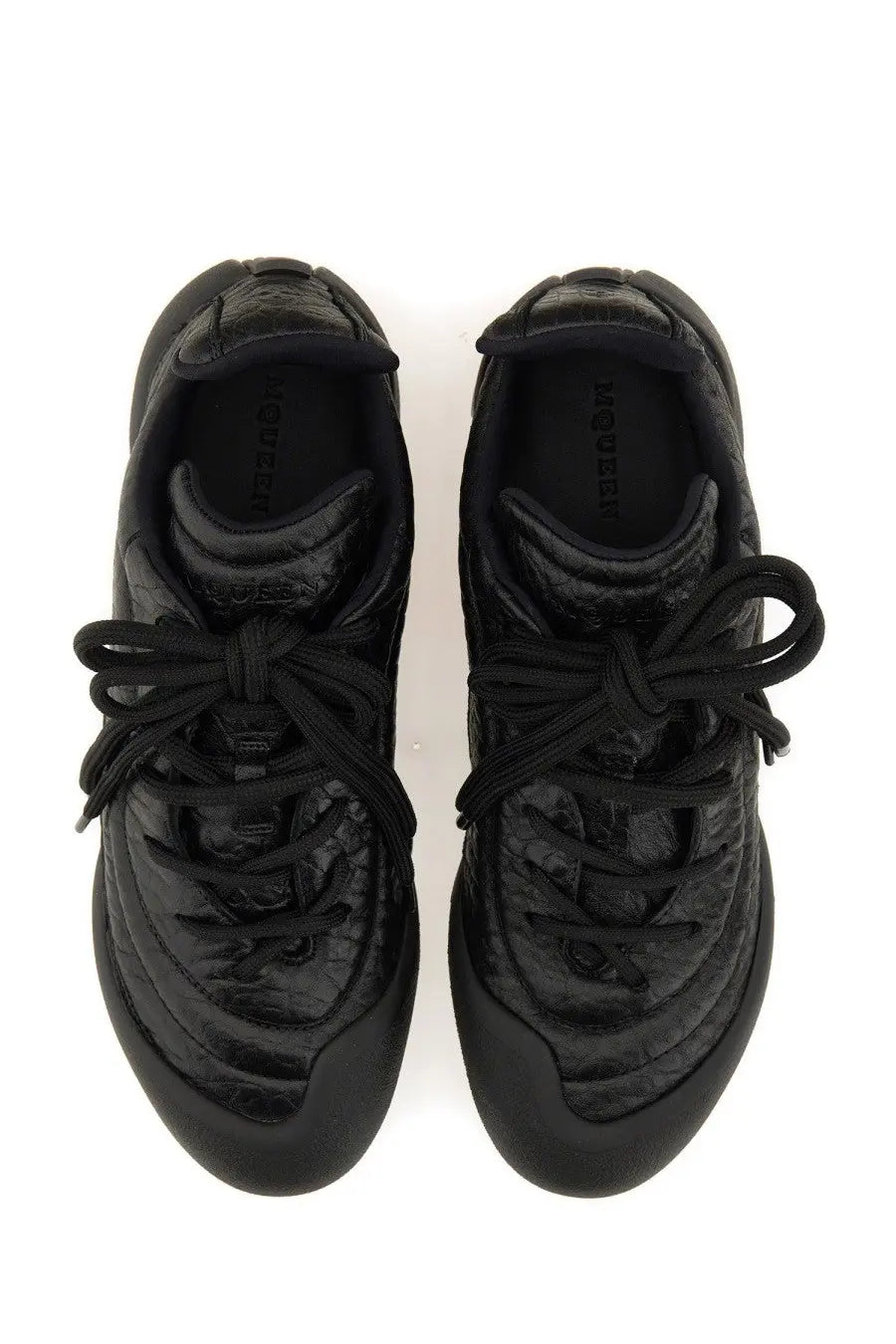 Alexander McQueen men’s flexion sneaker black with sleek black crocodile embossed leather and matching laces