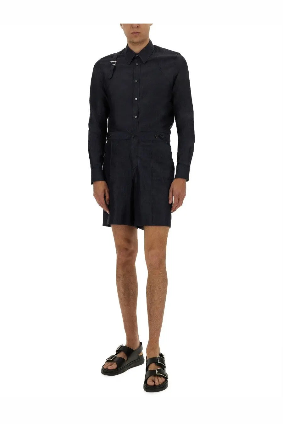 Alexander mcqueen men’s blue harness shirt with long sleeves button-up front collar and structured fit