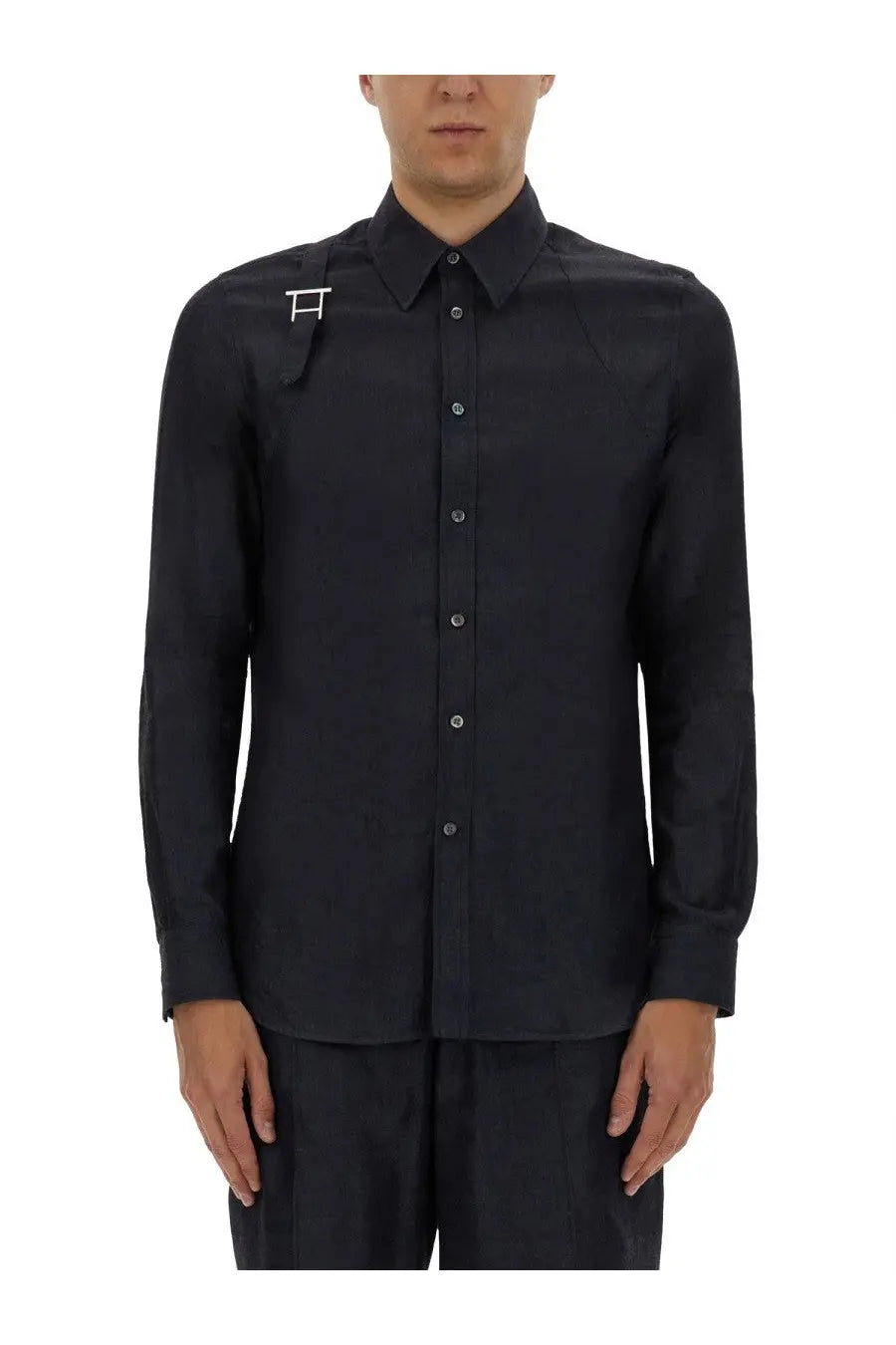 Alexander McQueen men’s black long-sleeved button-up shirt with subtle white logo on left chest