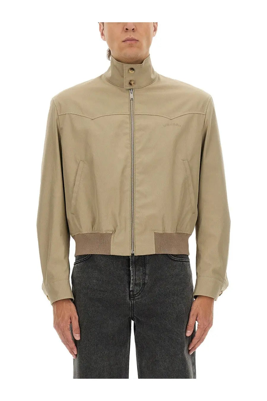 Beige Alexander McQueen men’s harrington cropped jacket with high collar, front zipper closure, and ribbed cuffs