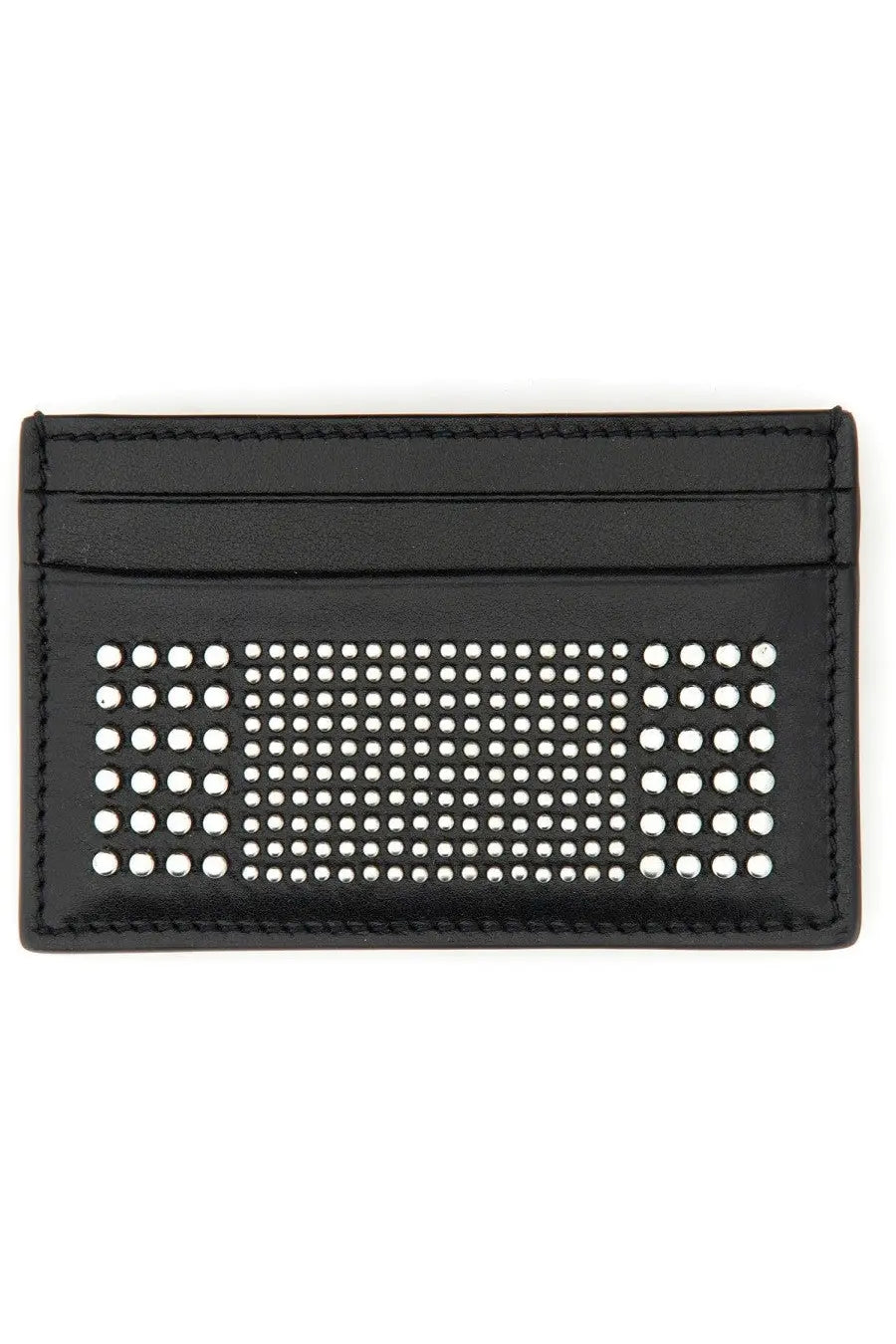 Alexander McQueen men’s black leather card holder with a grid of white perforations on the front side