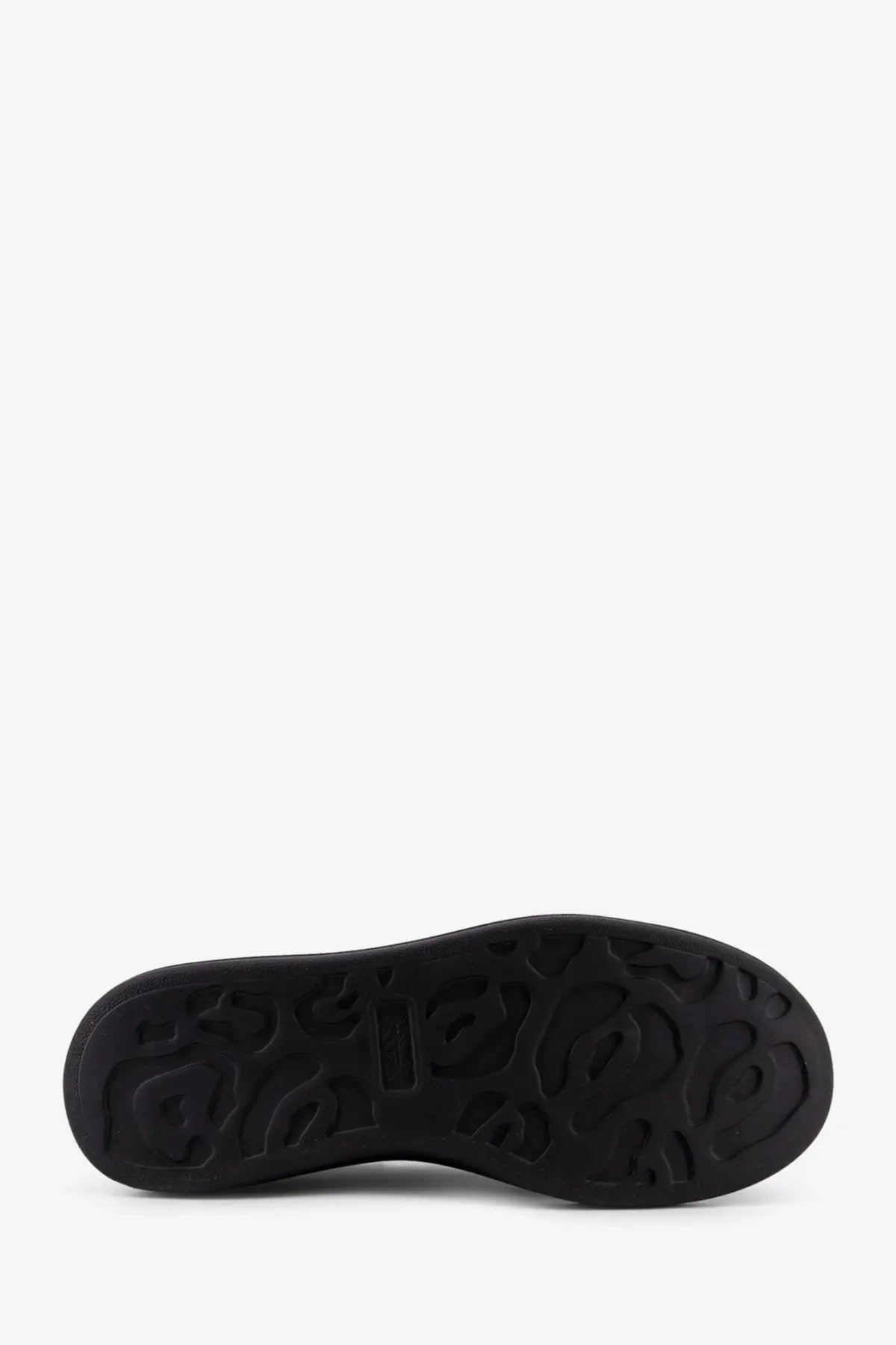 Black rubber sole with embossed logo pattern on alexander mcqueen men’s leather sneakers in black