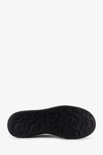 Black rubber sole with embossed logo pattern on alexander mcqueen men’s leather sneakers in black