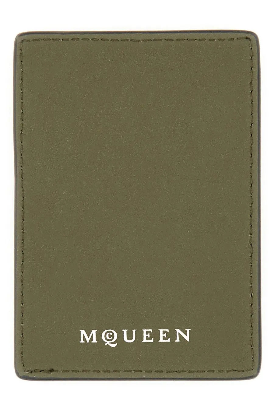 Alexander McQueen men’s olive green leather magnetic card holder with white mqueen logo embossed at the bottom