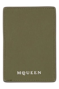 Alexander McQueen men’s olive green leather magnetic card holder with white mqueen logo embossed at the bottom