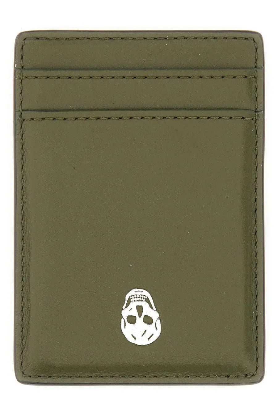 Olive green leather card holder with white skull emblem alexander mcqueen mens magnetic card holder skull brown