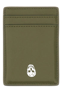 Olive green leather card holder with white skull emblem alexander mcqueen mens magnetic card holder skull brown
