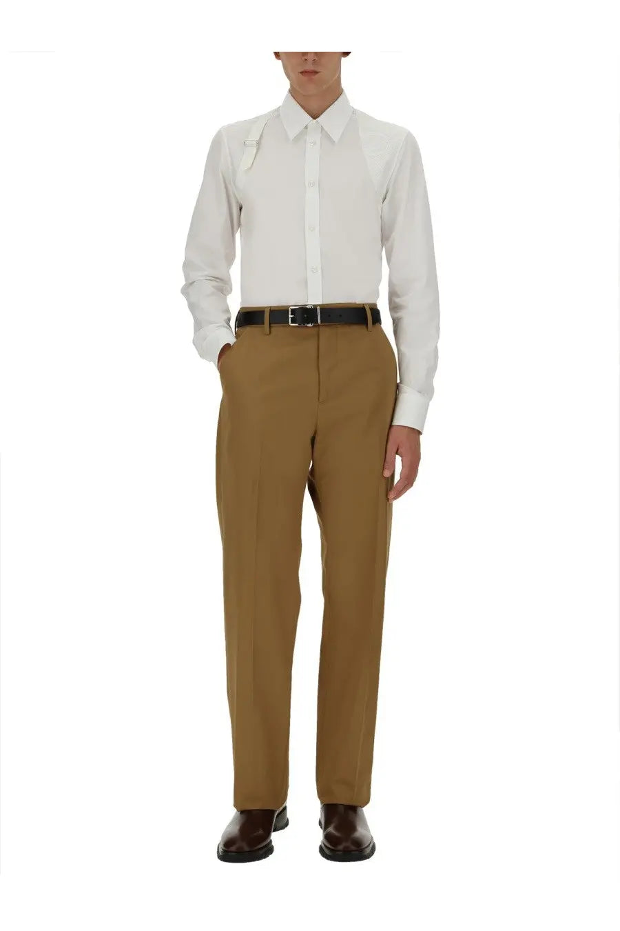 Khaki wool straight-leg trousers with subtle waistband pleats alexander mcqueen men’s beige pants front view