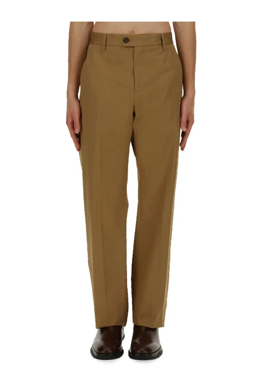 Alexander McQueen men’s beige wool trousers with straight-leg cut and single button waist closure