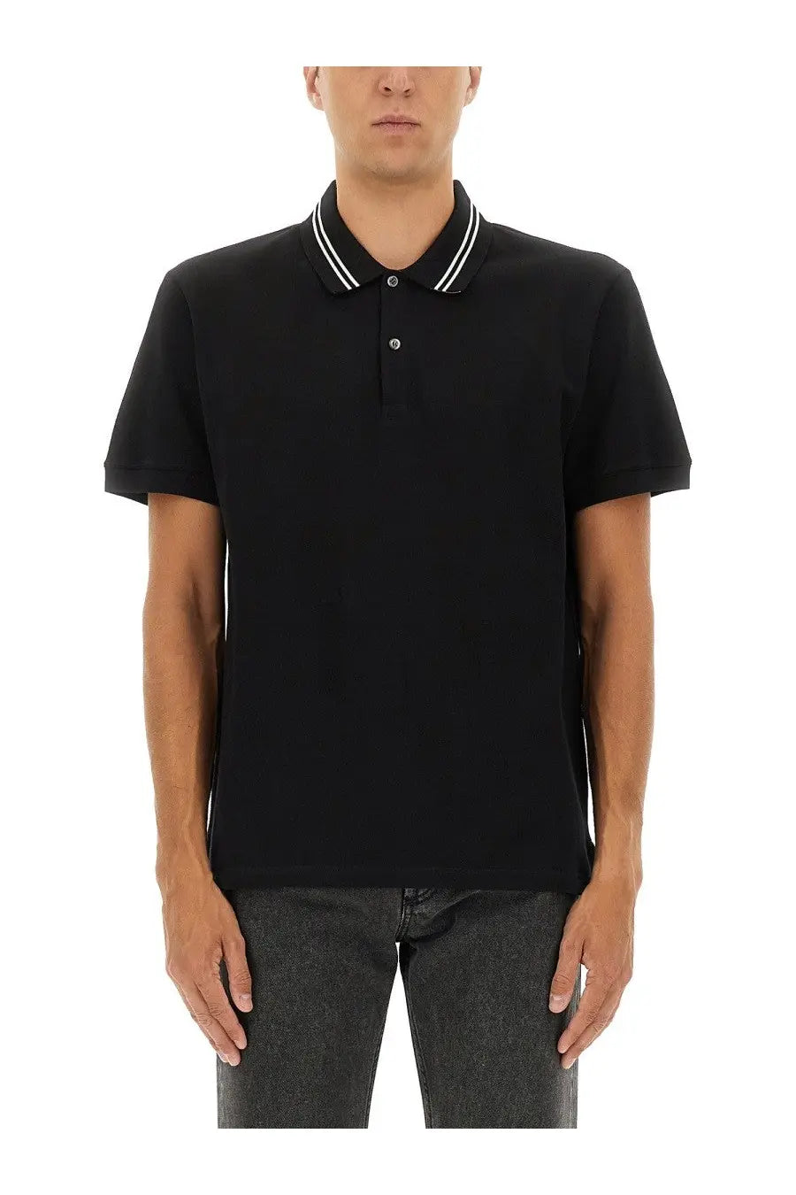 Alexander McQueen men’s black polo shirt with white striped collar and button placket in short-sleeved design