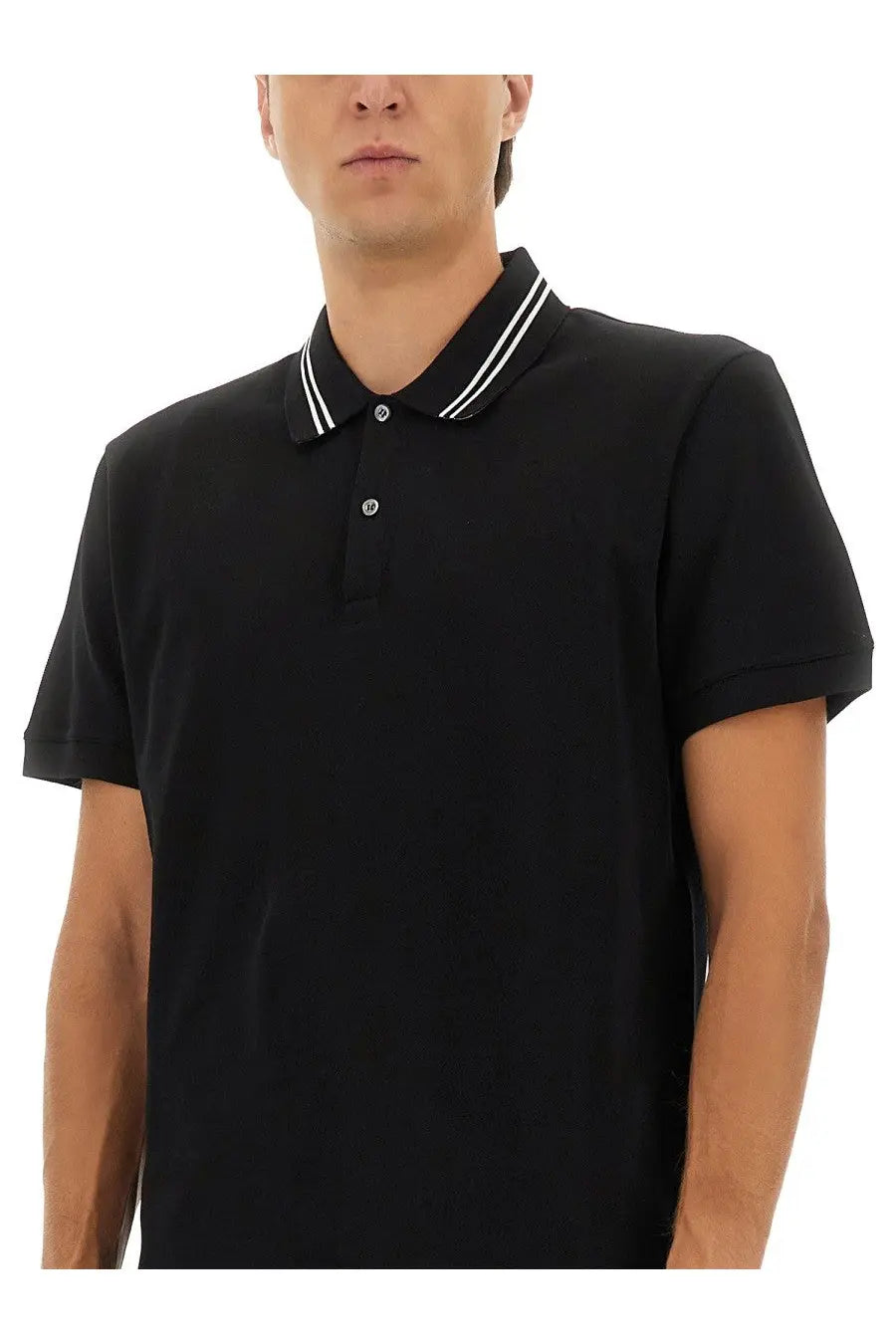 Alexander McQueen men’s black polo shirt with white striped collar and button placket in short sleeve design