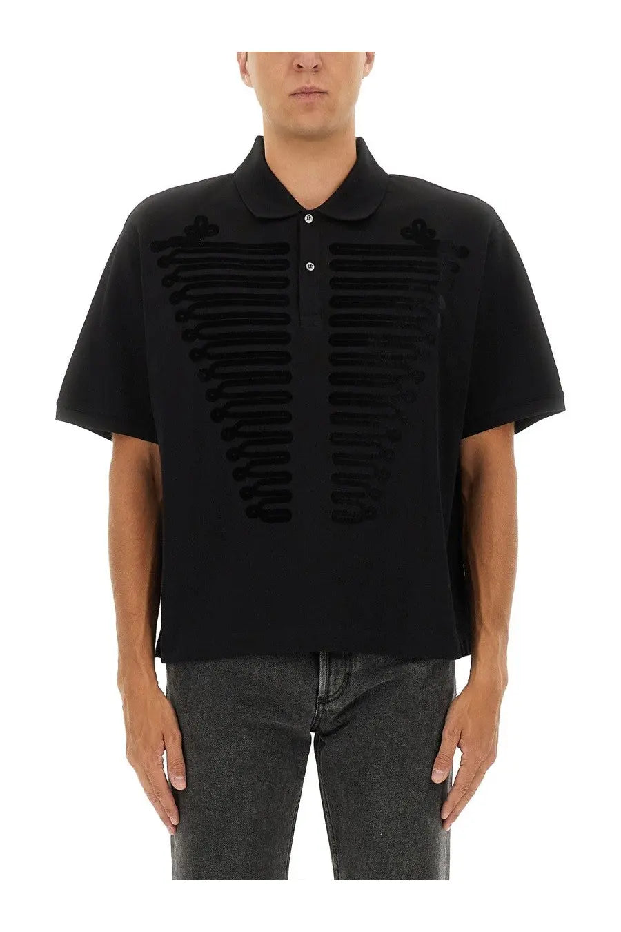 Alexander McQueen men’s black short-sleeved polo shirt with ribcage-inspired textured design on the chest