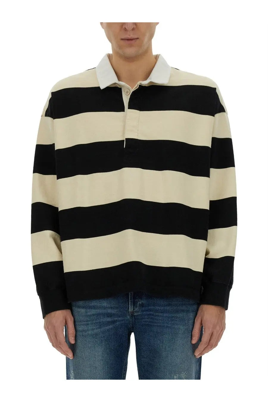 Alexander McQueen men’s rugby polo with black and cream horizontal stripes and white collar in long-sleeve cotton design